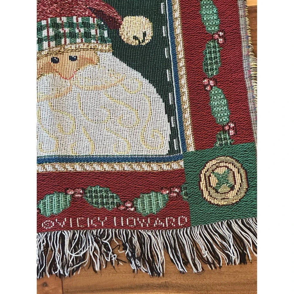 Vicky Howard Christmas Tapestry Throw Blanket Woven Fringed Santa Snowman 47x57